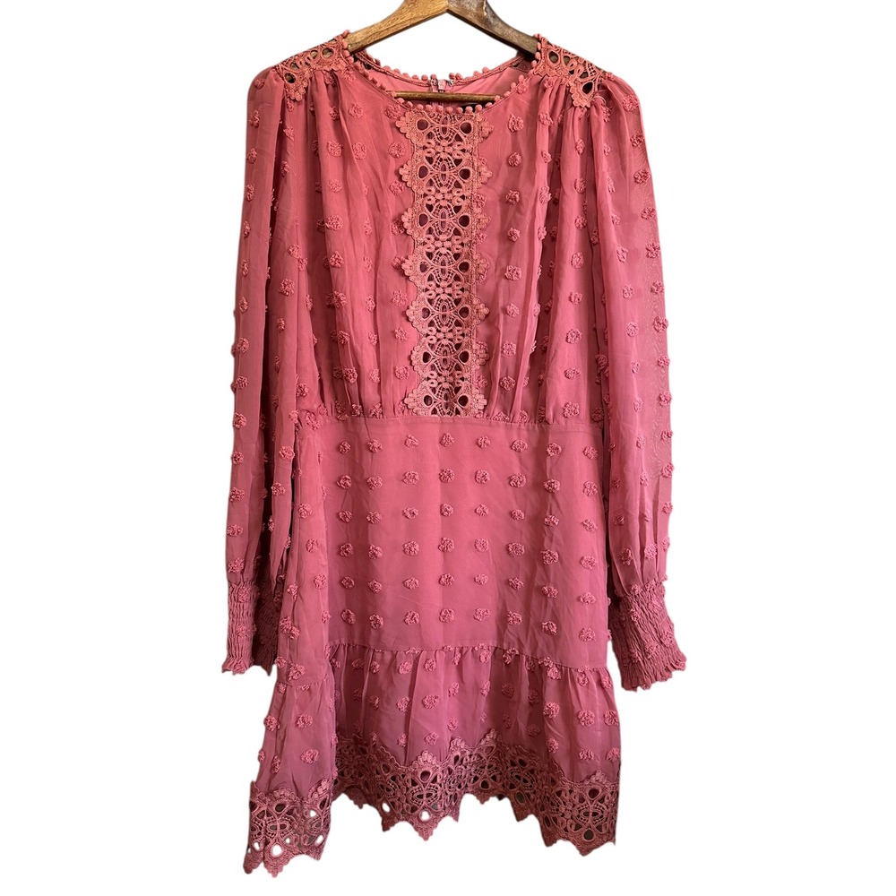 Lulus Rose Pink Textured Lace Detail Dress‎ Size L Long Sleeve Mini